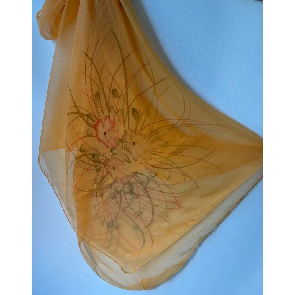 Unbranded Scarf Hand Painted Floral Sheer Chiffon Womens Large Orange Excellent